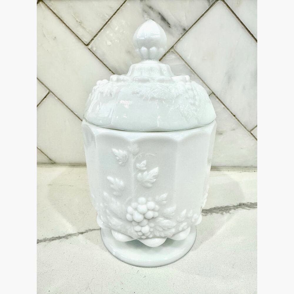 Vintage Westmoreland Milk Glass Grape Covered Jar Candy Dish Vanity Apothecary